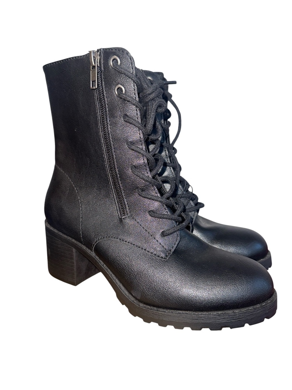 New Sun + Stone Black Lace-Up Block Heel Ankle Boots